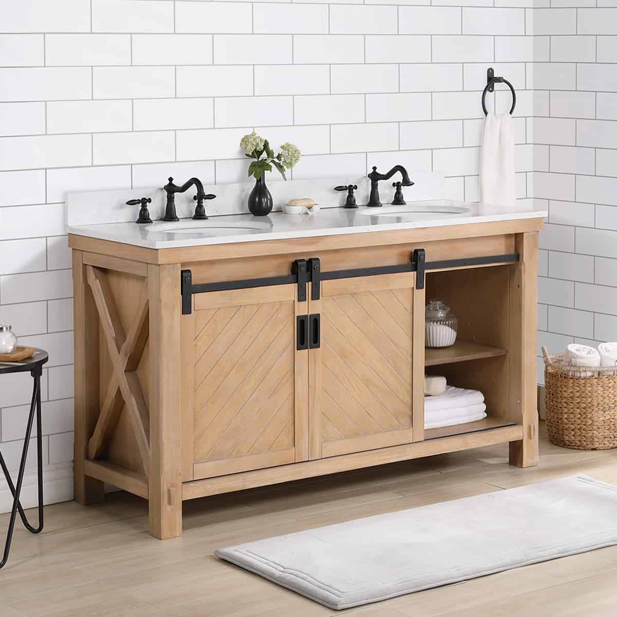 Vinnova Cortes 60 Inch Freestanding Double Sink Bath Vanity in Weathered Pine with White Composite Countertop Without Mirror Cabinets 701760-WP-WS-NM