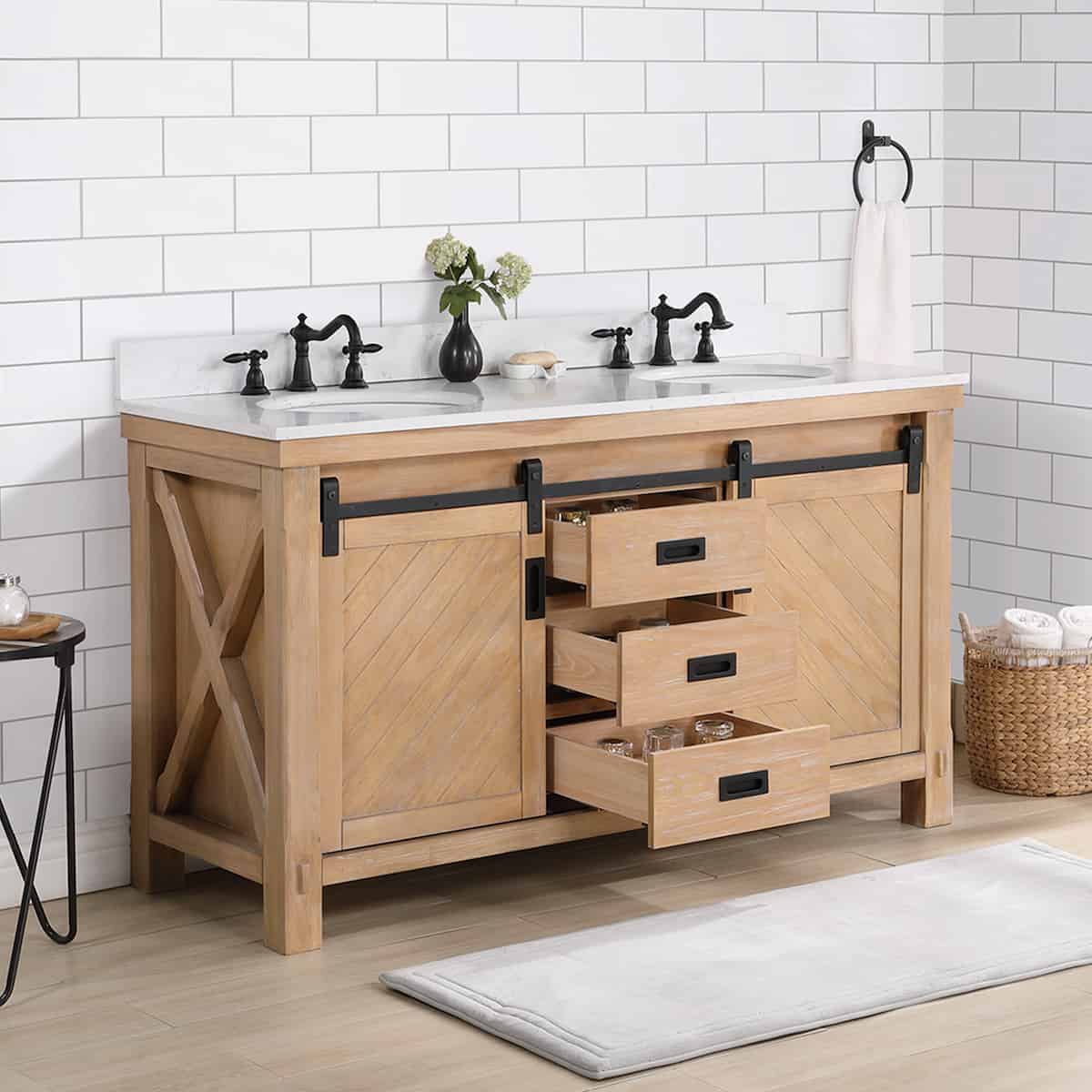 Vinnova Cortes 60 Inch Freestanding Double Sink Bath Vanity in Weathered Pine with White Composite Countertop Without Mirror Drawers 701760-WP-WS-NM