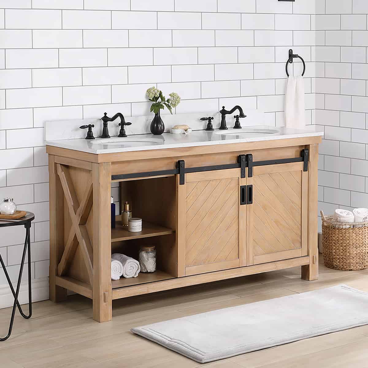 Vinnova Cortes 60 Inch Freestanding Double Sink Bath Vanity in Weathered Pine with White Composite Countertop Without Mirror Inside 701760-WP-WS-NM
