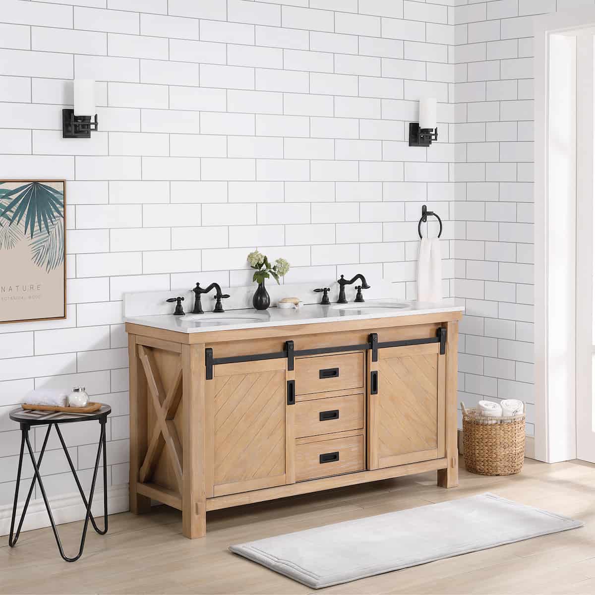 Vinnova Cortes 60 Inch Freestanding Double Sink Bath Vanity in Weathered Pine with White Composite Countertop Without Mirror Left Side 701760-WP-WS-NM