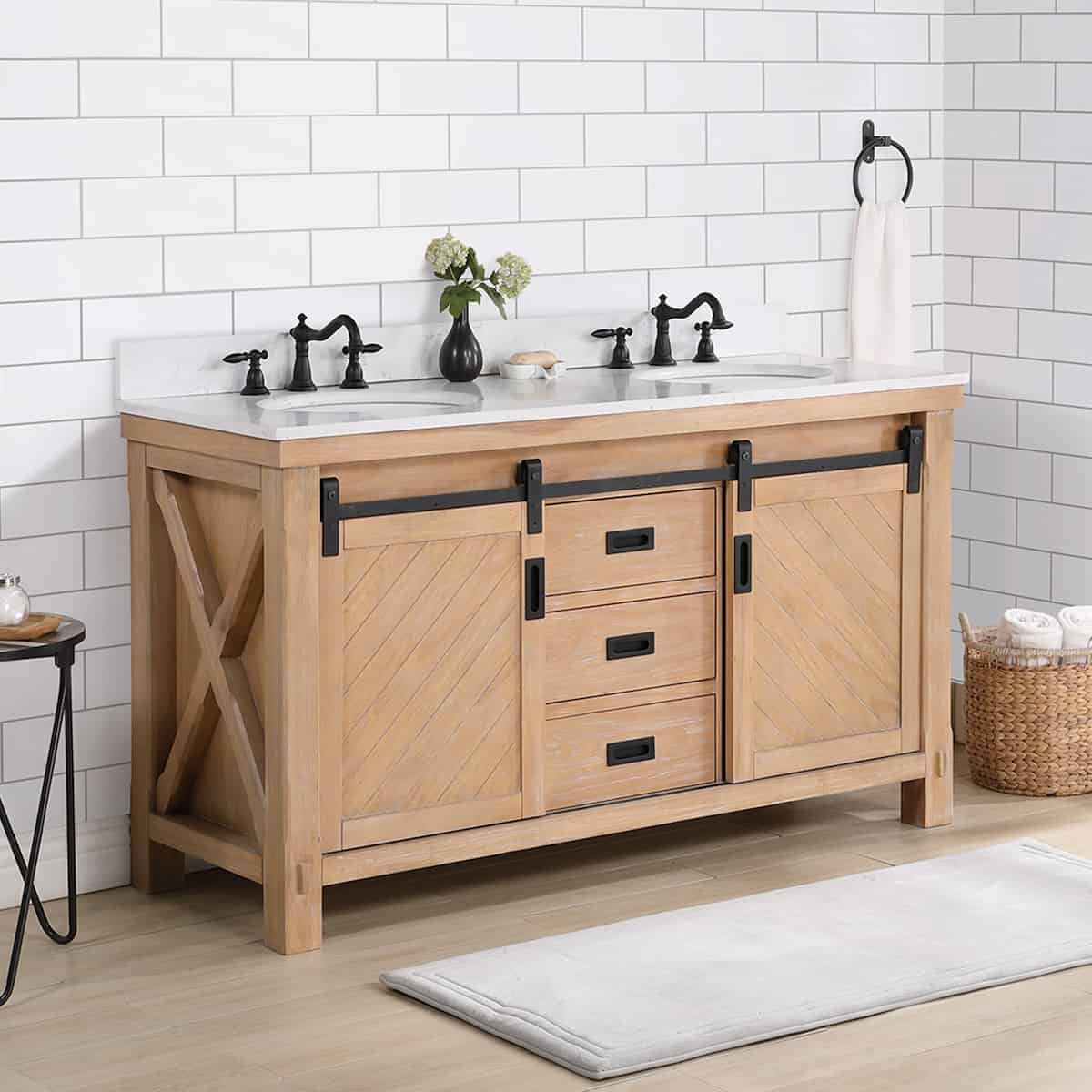 Vinnova Cortes 60 Inch Freestanding Double Sink Bath Vanity in Weathered Pine with White Composite Countertop Without Mirror Side 701760-WP-WS-NM