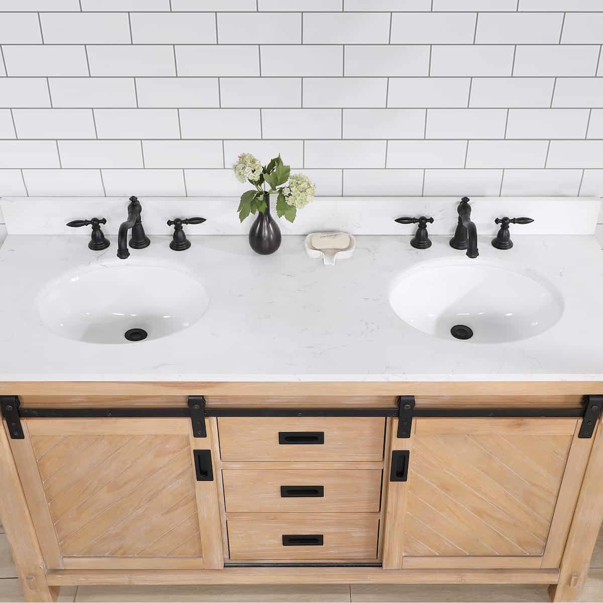 Vinnova Cortes 60 Inch Freestanding Double Sink Bath Vanity in Weathered Pine with White Composite Countertop Without Mirror Sinks 701760-WP-WS-NM