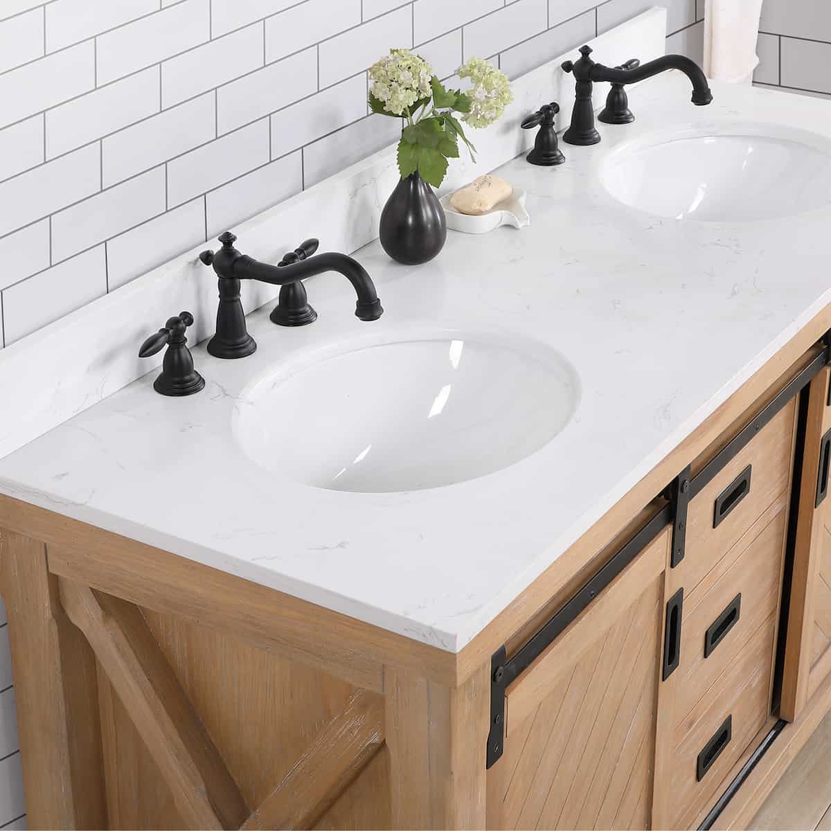 Vinnova Cortes 60 Inch Freestanding Double Sink Bath Vanity in Weathered Pine with White Composite Countertop Without Mirror Top 701760-WP-WS-NM