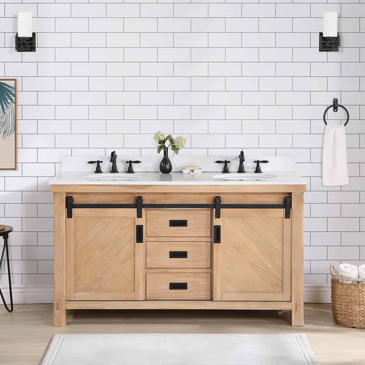 Vinnova Cortes 60 Inch Freestanding Double Sink Bath Vanity in Weathered Pine with White Composite Countertop Without Mirror in Bathroom 701760-WP-WS-NM