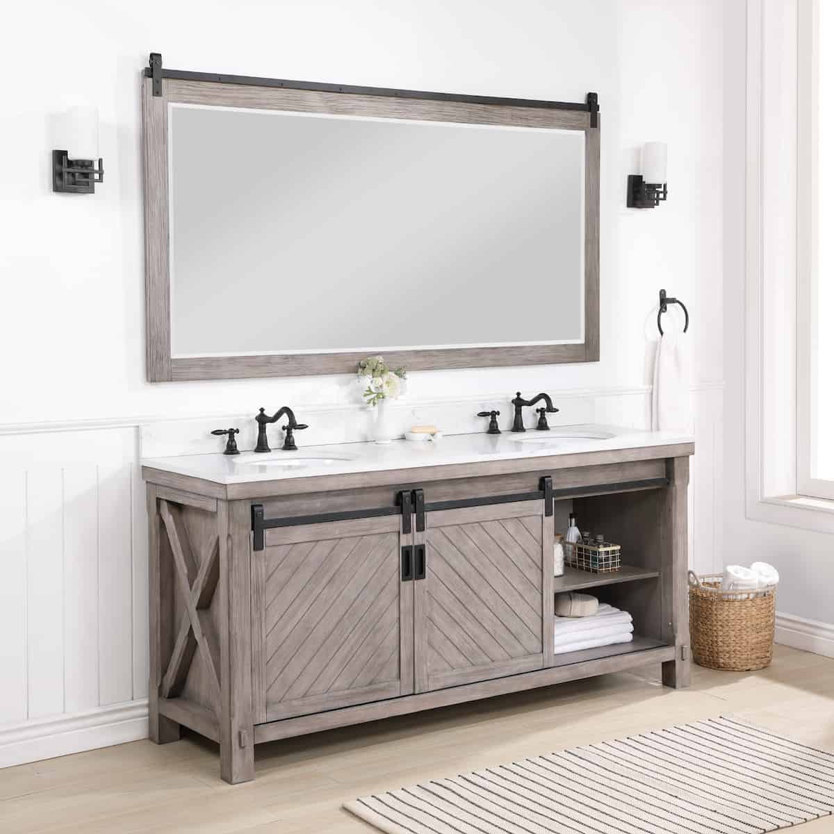 Vinnova Cortes 72 Inch Freestanding Double Sink Bath Vanity in Classical Grey with White Composite Countertop With Mirror Cabinet 701772-CR-WS