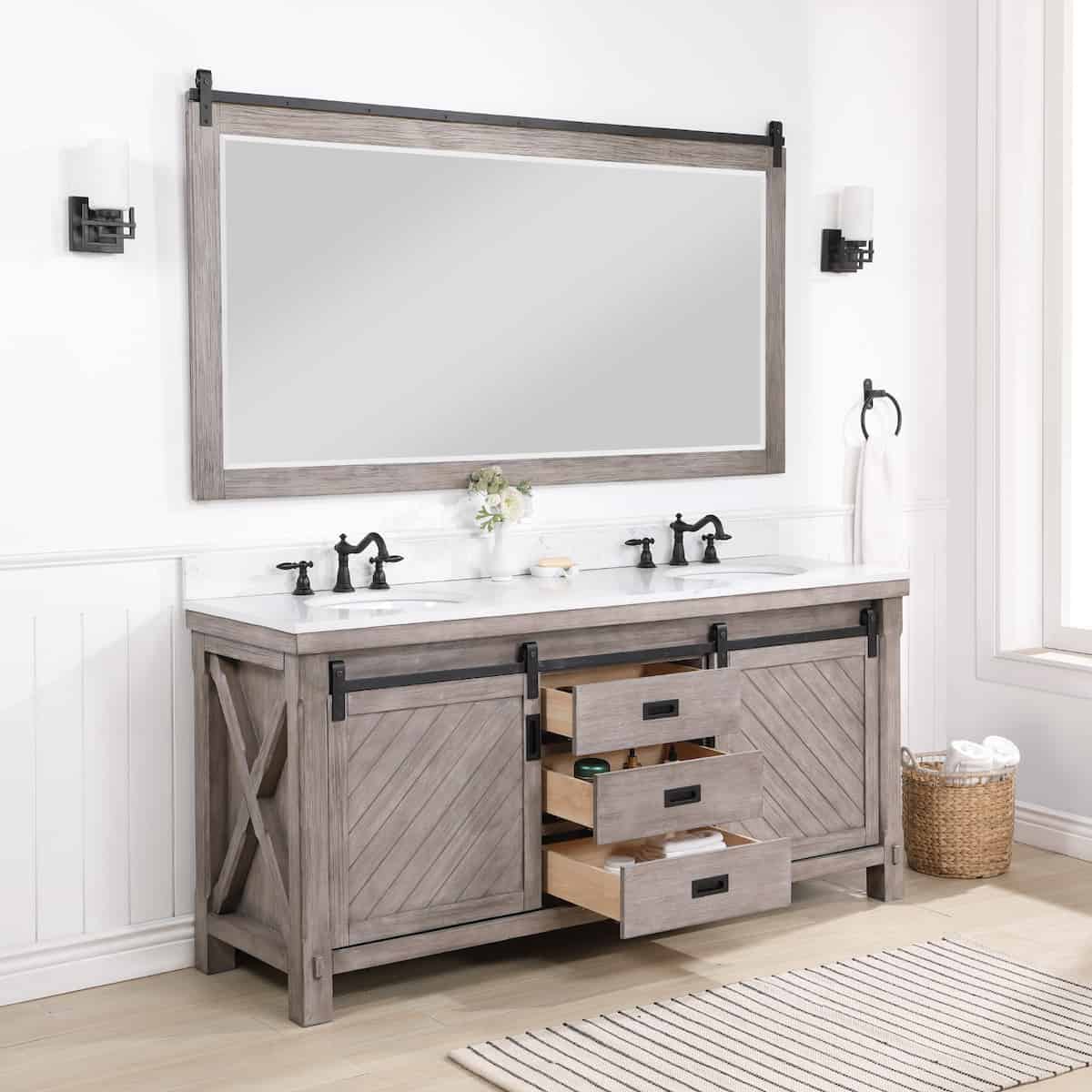 Vinnova Cortes 72 Inch Freestanding Double Sink Bath Vanity in Classical Grey with White Composite Countertop With Mirror Drawers 701772-CR-WS