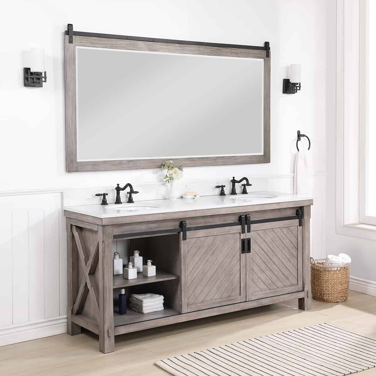 Vinnova Cortes 72 Inch Freestanding Double Sink Bath Vanity in Classical Grey with White Composite Countertop With Mirror Inside 701772-CR-WS