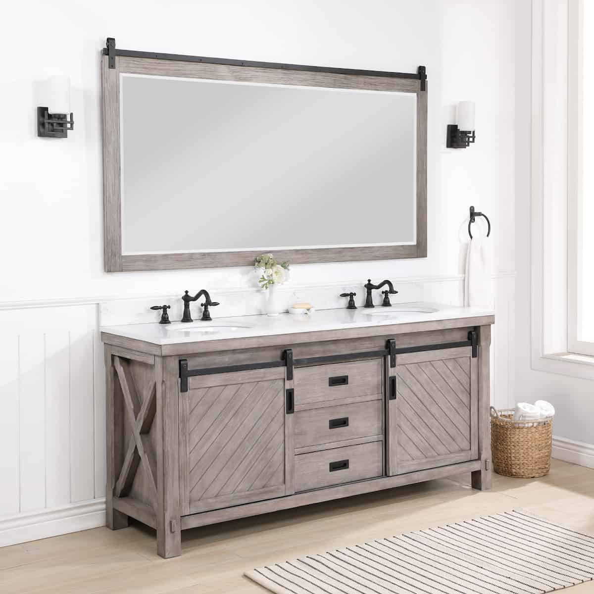 Vinnova Cortes 72 Inch Freestanding Double Sink Bath Vanity in Classical Grey with White Composite Countertop With Mirror Side 701772-CR-WS