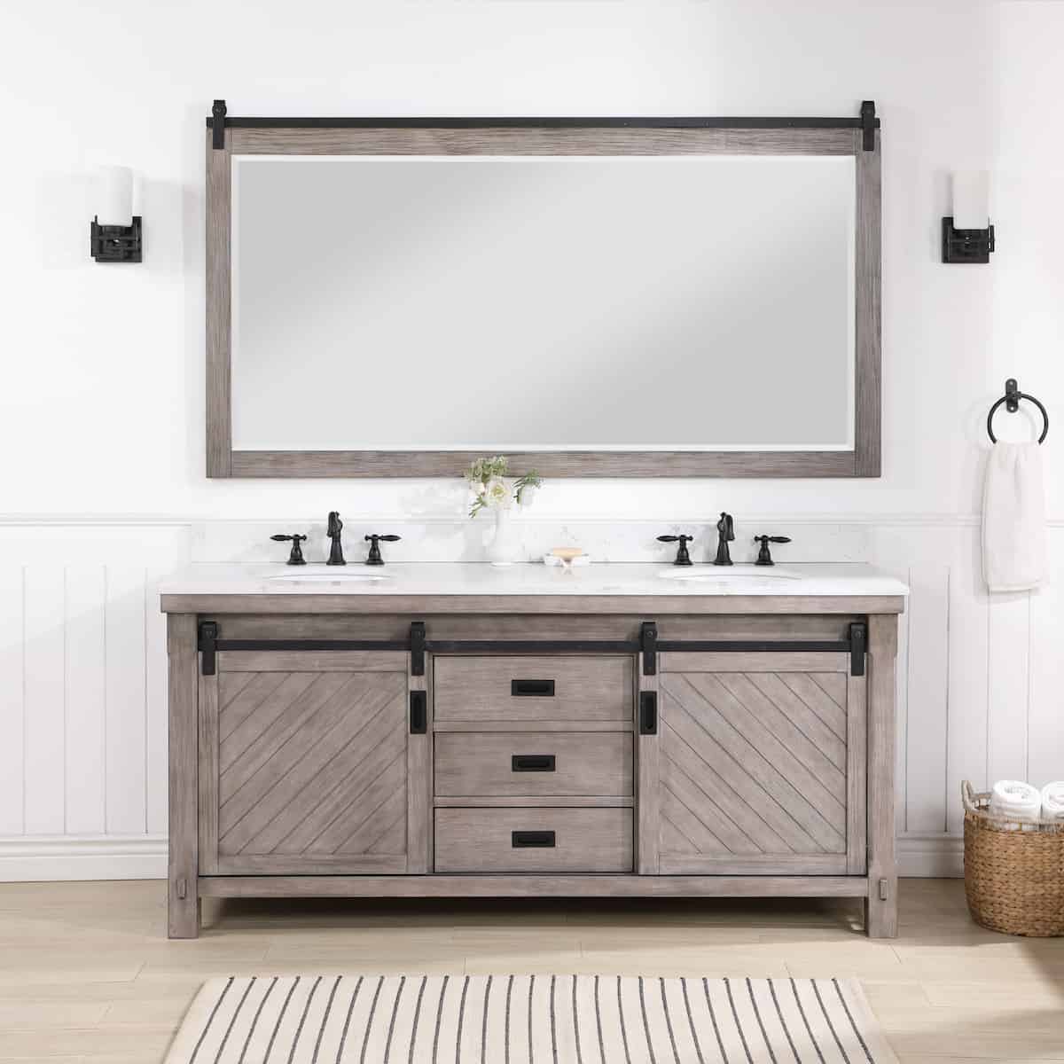 Vinnova Cortes 72 Inch Freestanding Double Sink Bath Vanity in Classical Grey with White Composite Countertop With Mirror in Bathroom 701772-CR-WS
