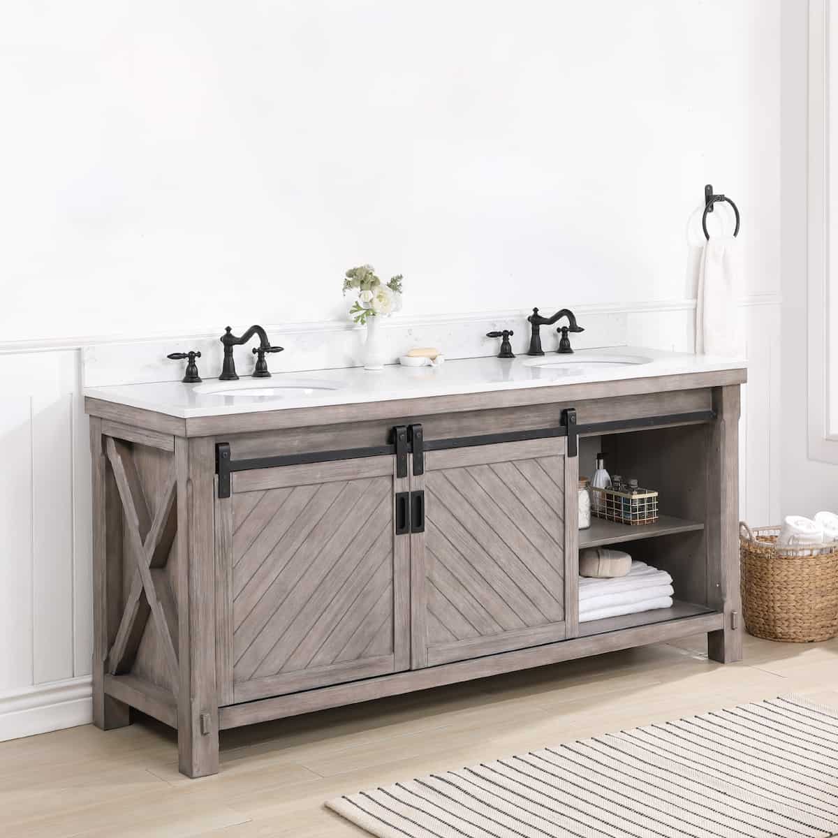 Vinnova Cortes 72 Inch Freestanding Double Sink Bath Vanity in Classical Grey with White Composite Countertop Without Mirror Cabinet 701772-CR-WS-NM