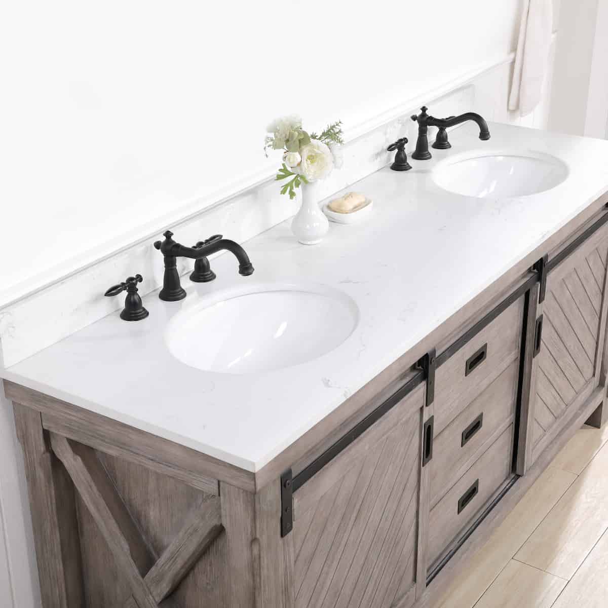 Vinnova Cortes 72 Inch Freestanding Double Sink Bath Vanity in Classical Grey with White Composite Countertop Without Mirror Counter 701772-CR-WS-NM