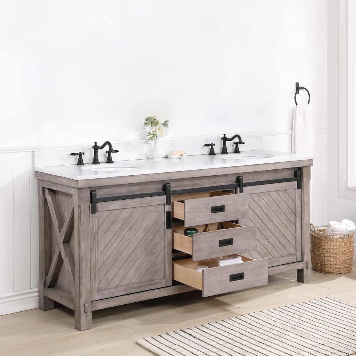 Vinnova Cortes 72 Inch Freestanding Double Sink Bath Vanity in Classical Grey with White Composite Countertop Without Mirror Drawers 701772-CR-WS-NM