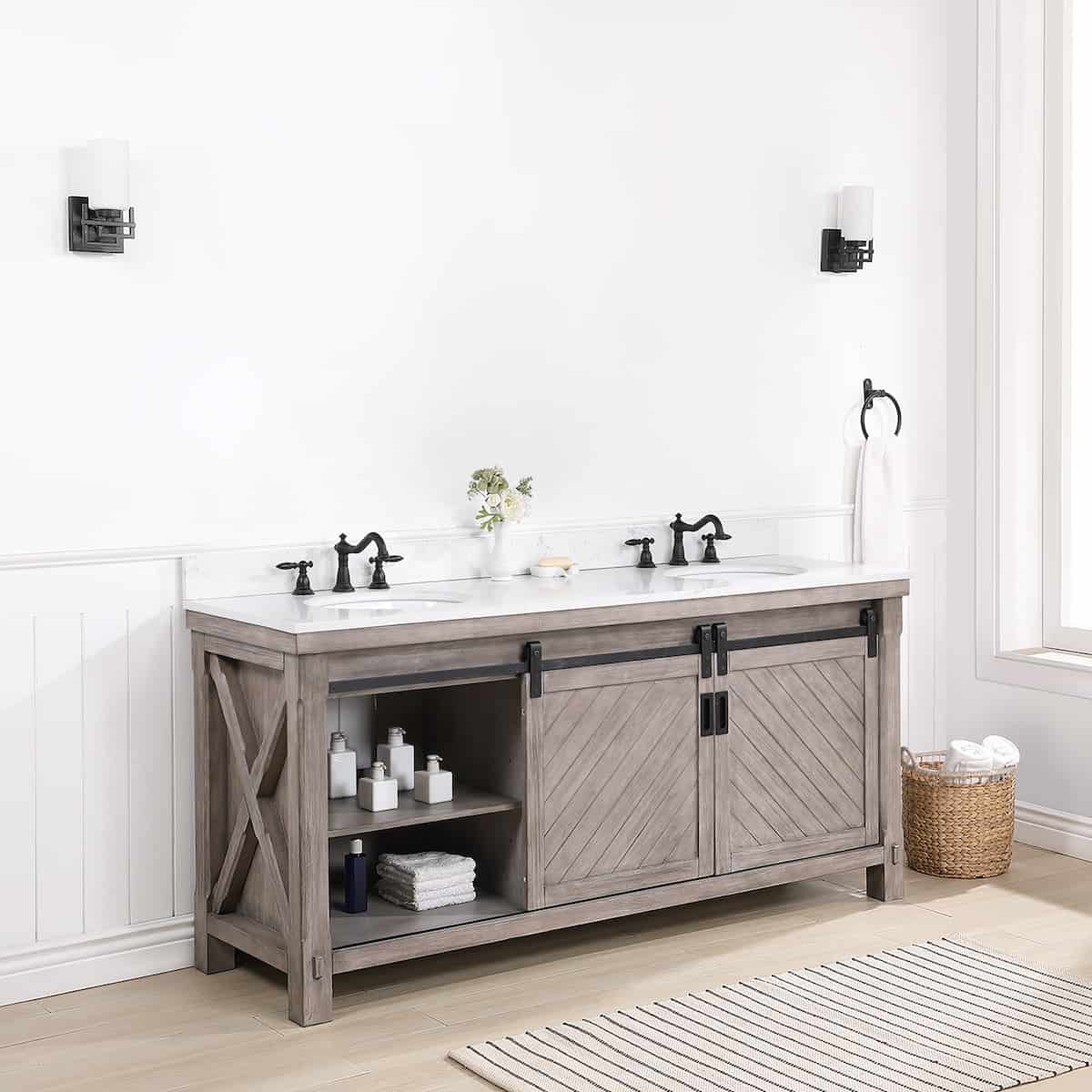 Vinnova Cortes 72 Inch Freestanding Double Sink Bath Vanity in Classical Grey with White Composite Countertop Without Mirror Inside 701772-CR-WS-NM