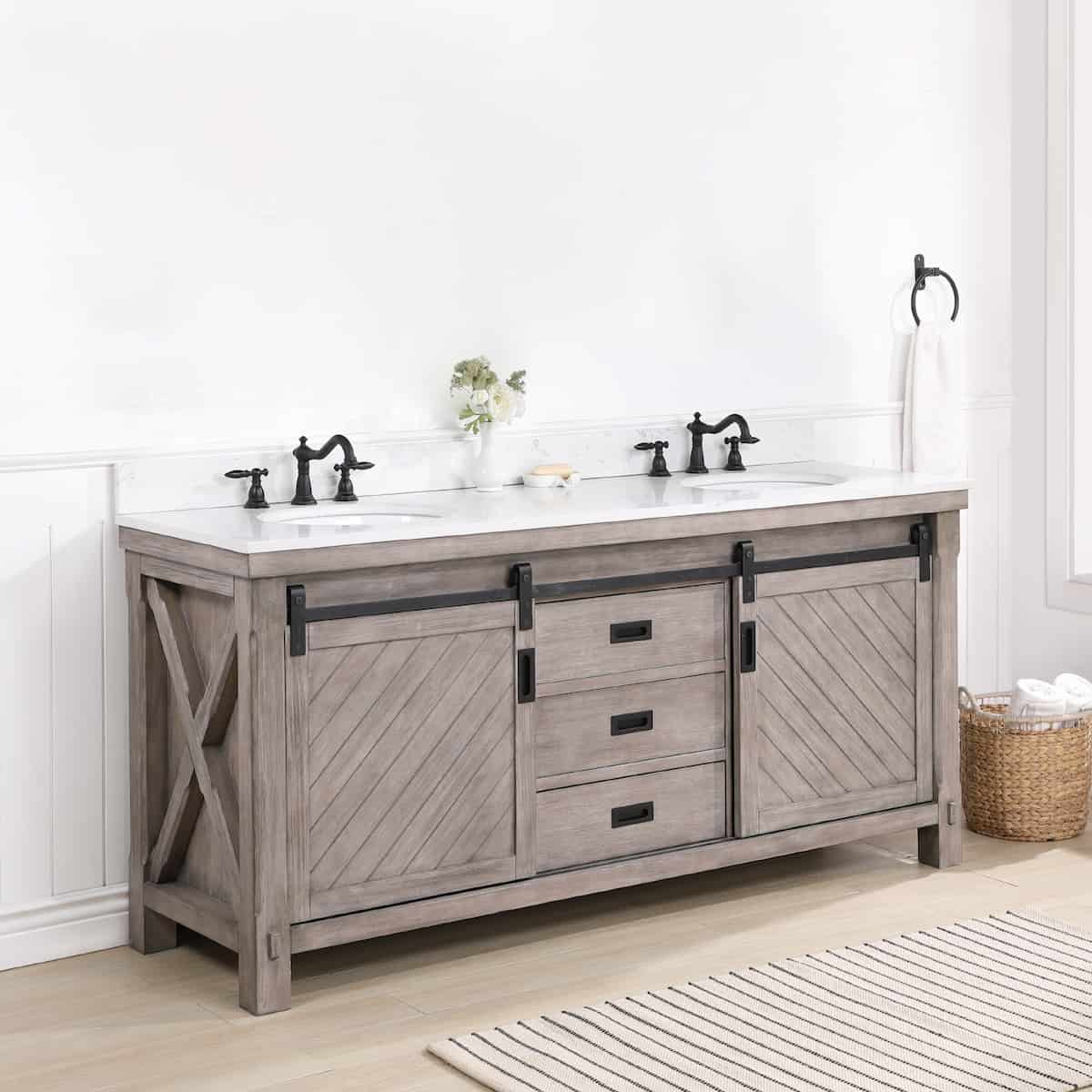 Vinnova Cortes 72 Inch Freestanding Double Sink Bath Vanity in Classical Grey with White Composite Countertop Without Mirror Side 701772-CR-WS-NM