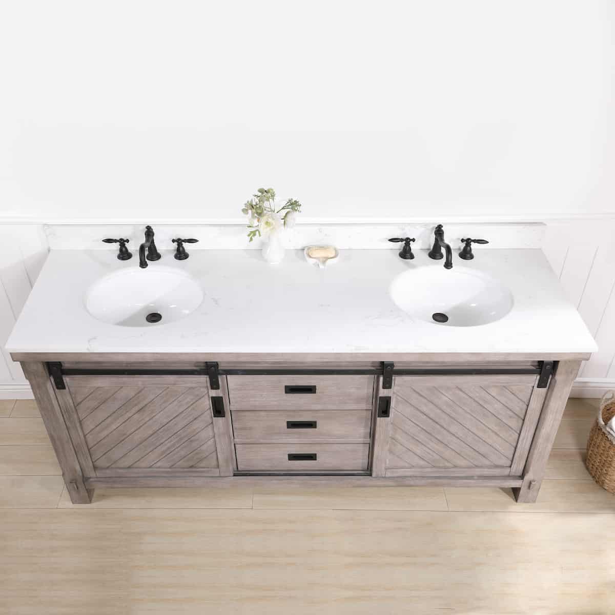 Vinnova Cortes 72 Inch Freestanding Double Sink Bath Vanity in Classical Grey with White Composite Countertop Without Mirror Sinks 701772-CR-WS-NM