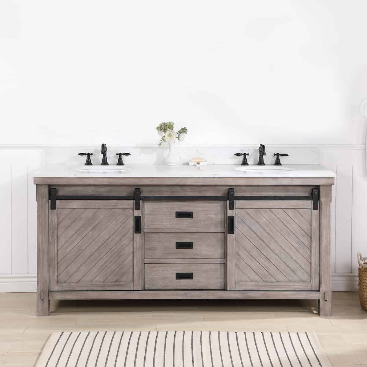 Vinnova Cortes 72 Inch Freestanding Double Sink Bath Vanity in Classical Grey with White Composite Countertop Without Mirror in Bathroom 701772-CR-WS-NM