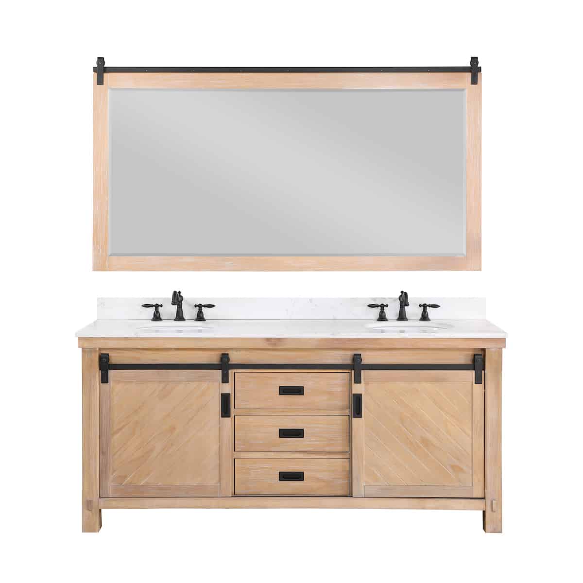 Vinnova Cortes 72 Inch Freestanding Double Sink Bath Vanity in Weathered Pine with White Composite Countertop With Mirror 701772-WP-WS