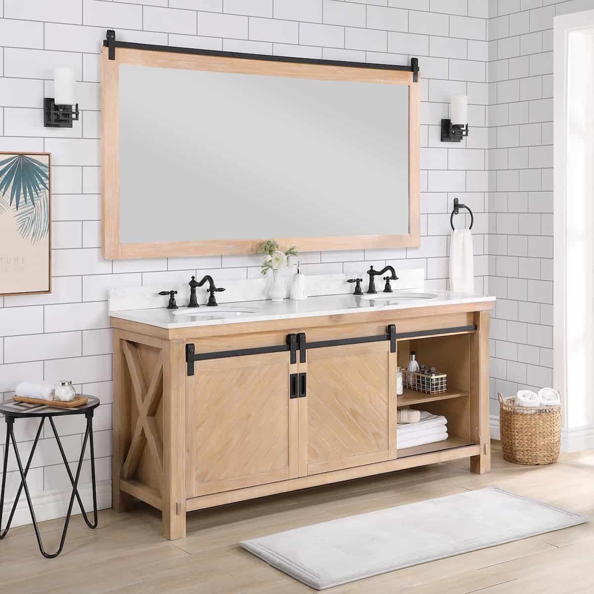Vinnova Cortes 72 Inch Freestanding Double Sink Bath Vanity in Weathered Pine with White Composite Countertop With Mirror Cabinet 701772-WP-WS
