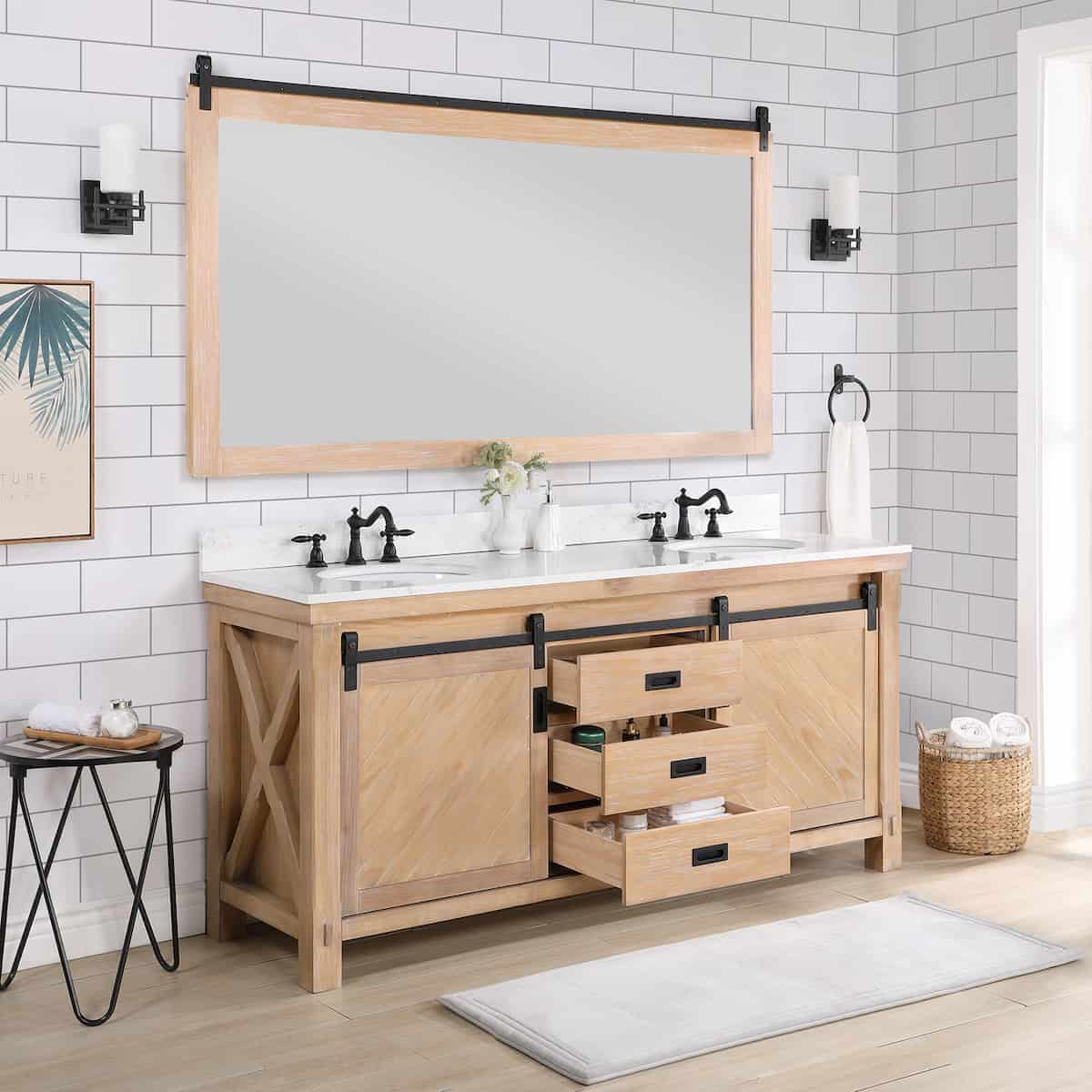 Vinnova Cortes 72 Inch Freestanding Double Sink Bath Vanity in Weathered Pine with White Composite Countertop With Mirror Drawers 701772-WP-WS