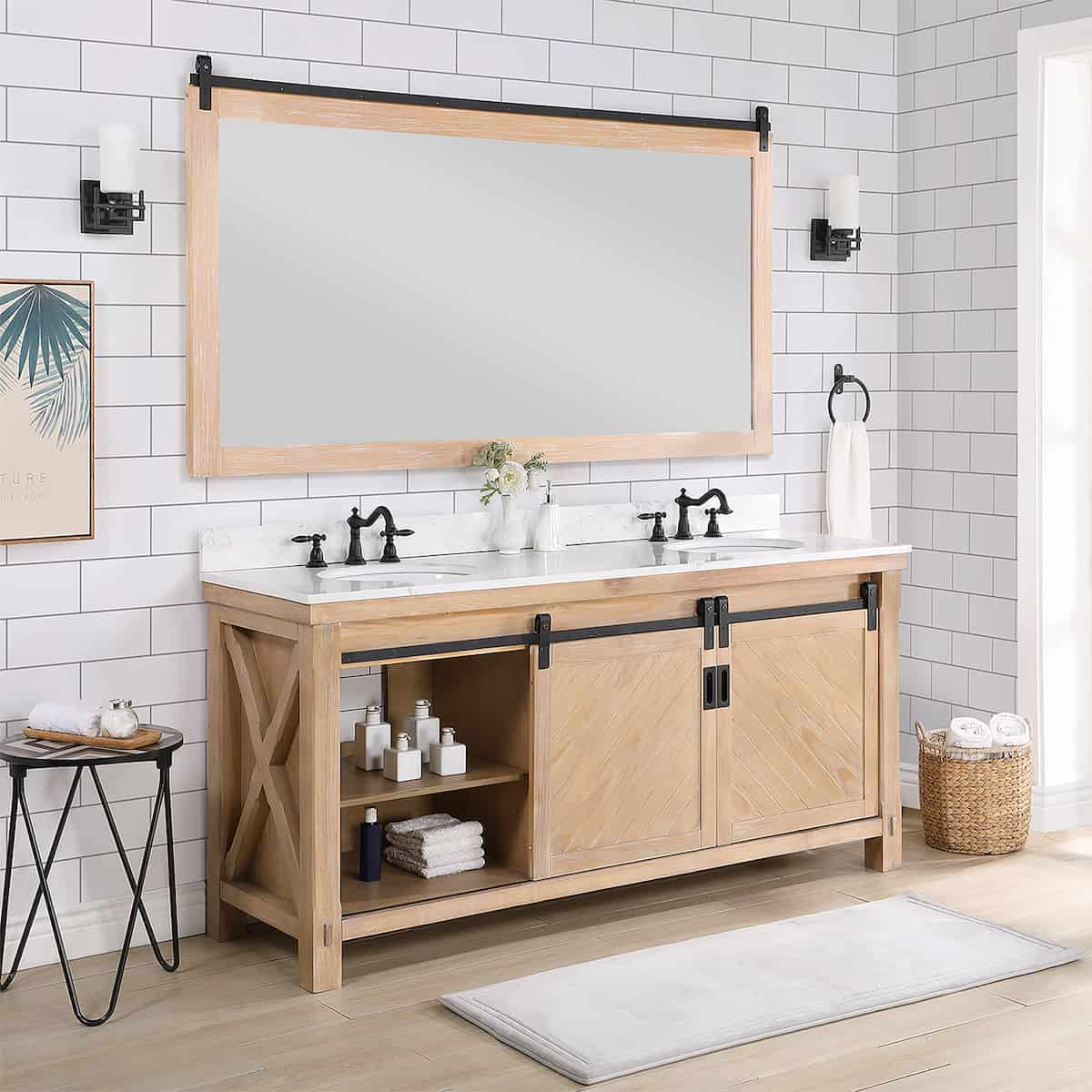 Vinnova Cortes 72 Inch Freestanding Double Sink Bath Vanity in Weathered Pine with White Composite Countertop With Mirror Inside 701772-WP-WS