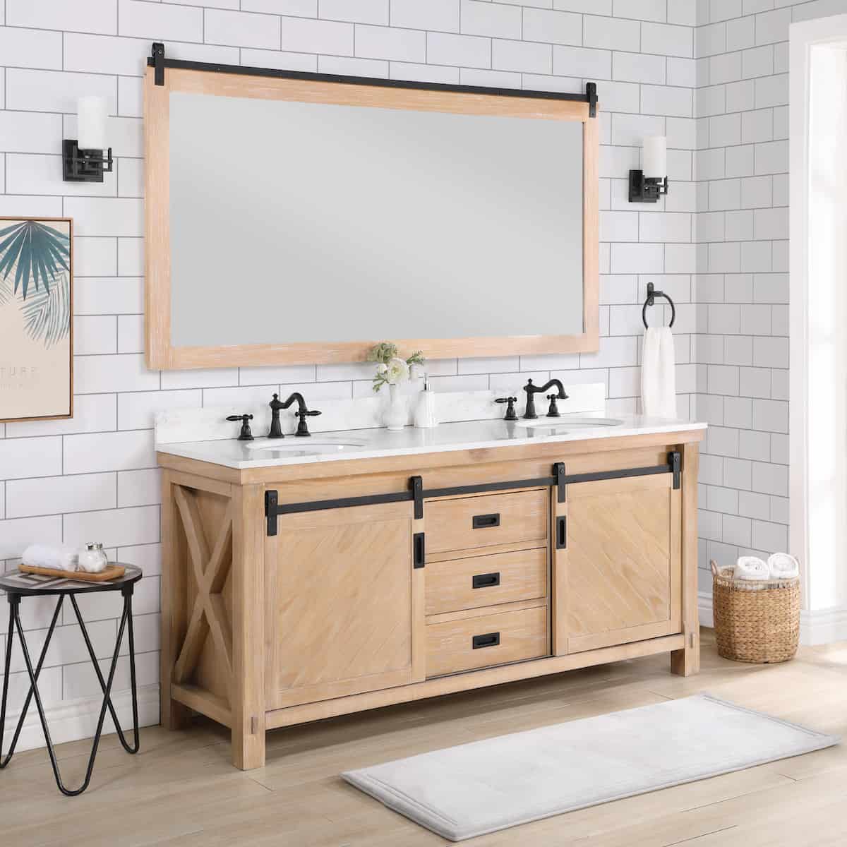 Vinnova Cortes 72 Inch Freestanding Double Sink Bath Vanity in Weathered Pine with White Composite Countertop With Mirror Side 701772-WP-WS