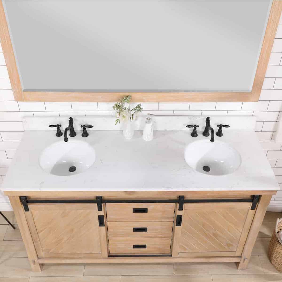 Vinnova Cortes 72 Inch Freestanding Double Sink Bath Vanity in Weathered Pine with White Composite Countertop With Mirror Sinks 701772-WP-WS