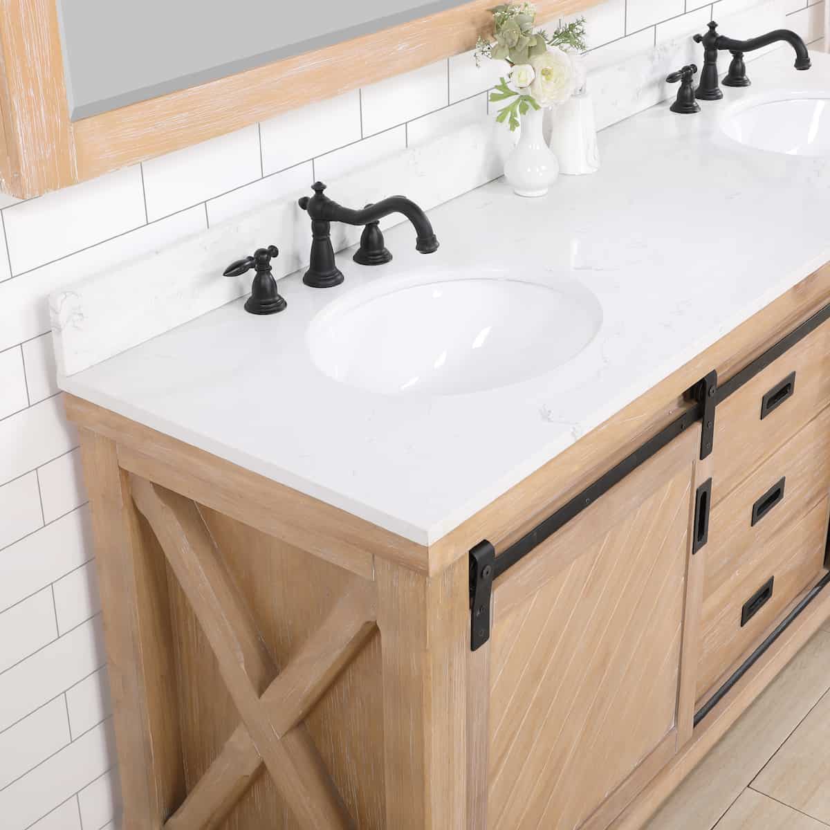 Vinnova Cortes 72 Inch Freestanding Double Sink Bath Vanity in Weathered Pine with White Composite Countertop With Mirror Counter 701772-WP-WS