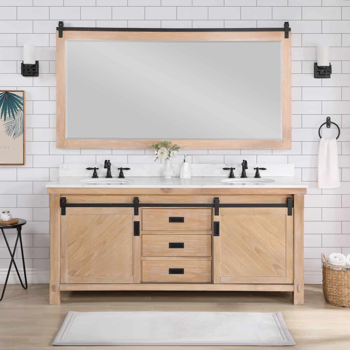 Vinnova Cortes 72 Inch Freestanding Double Sink Bath Vanity in Weathered Pine with White Composite Countertop With Mirror in Bathroom 701772-WP-WS