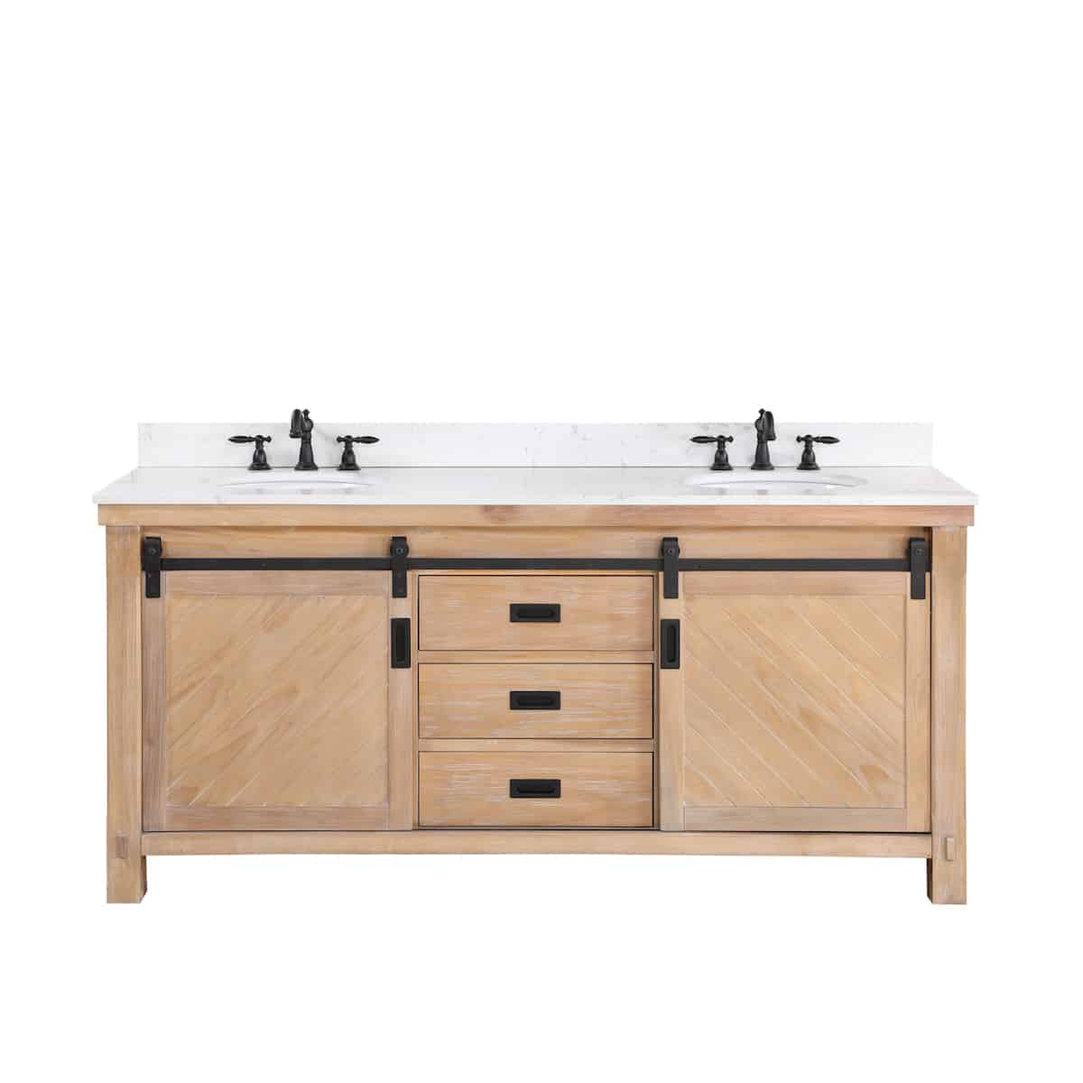 Vinnova Cortes 72 Inch Freestanding Double Sink Bath Vanity in Weathered Pine with White Composite Countertop Without Mirror 701772-WP-WS-NM