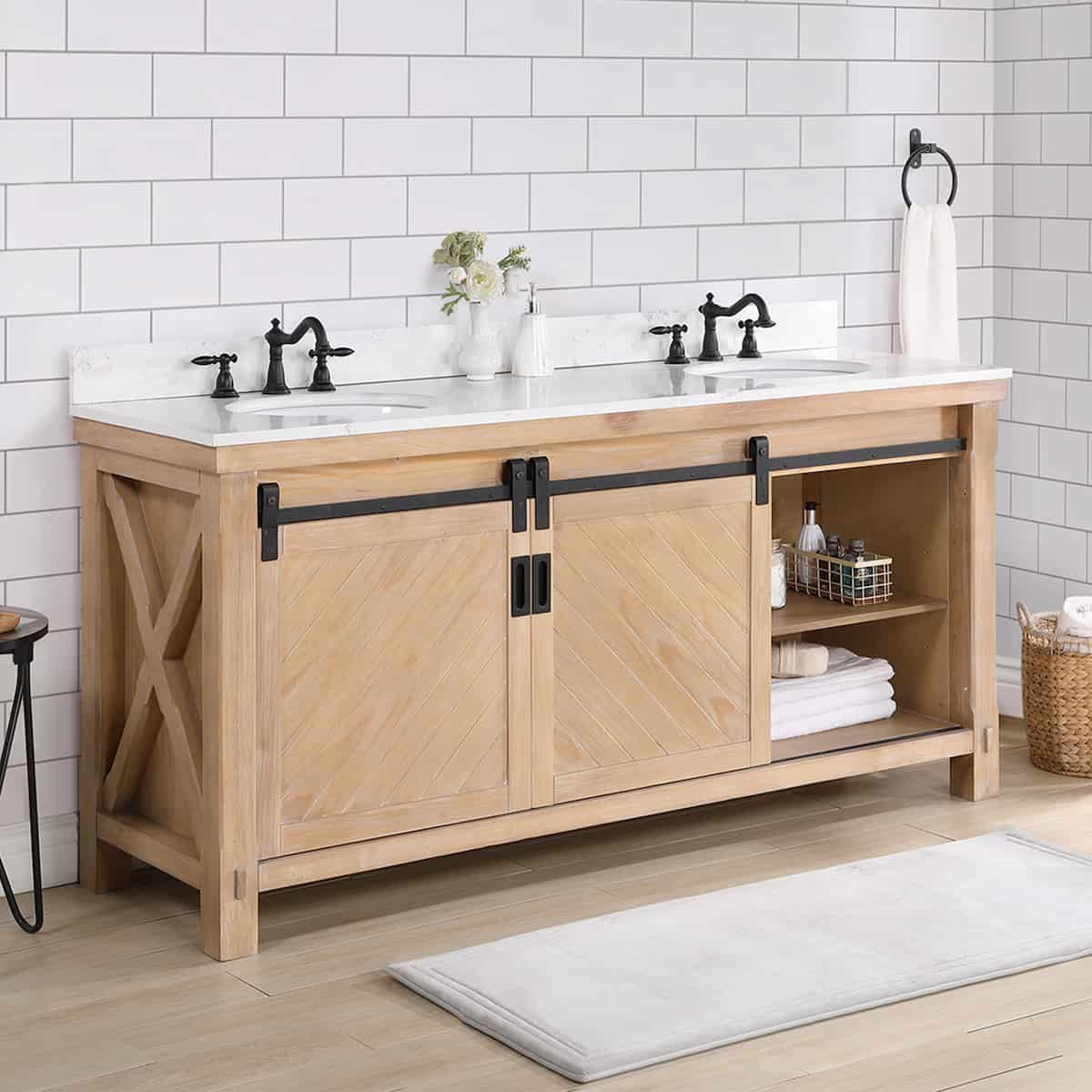 Vinnova Cortes 72 Inch Freestanding Double Sink Bath Vanity in Weathered Pine with White Composite Countertop Without Mirror Cabinet 701772-WP-WS-NM