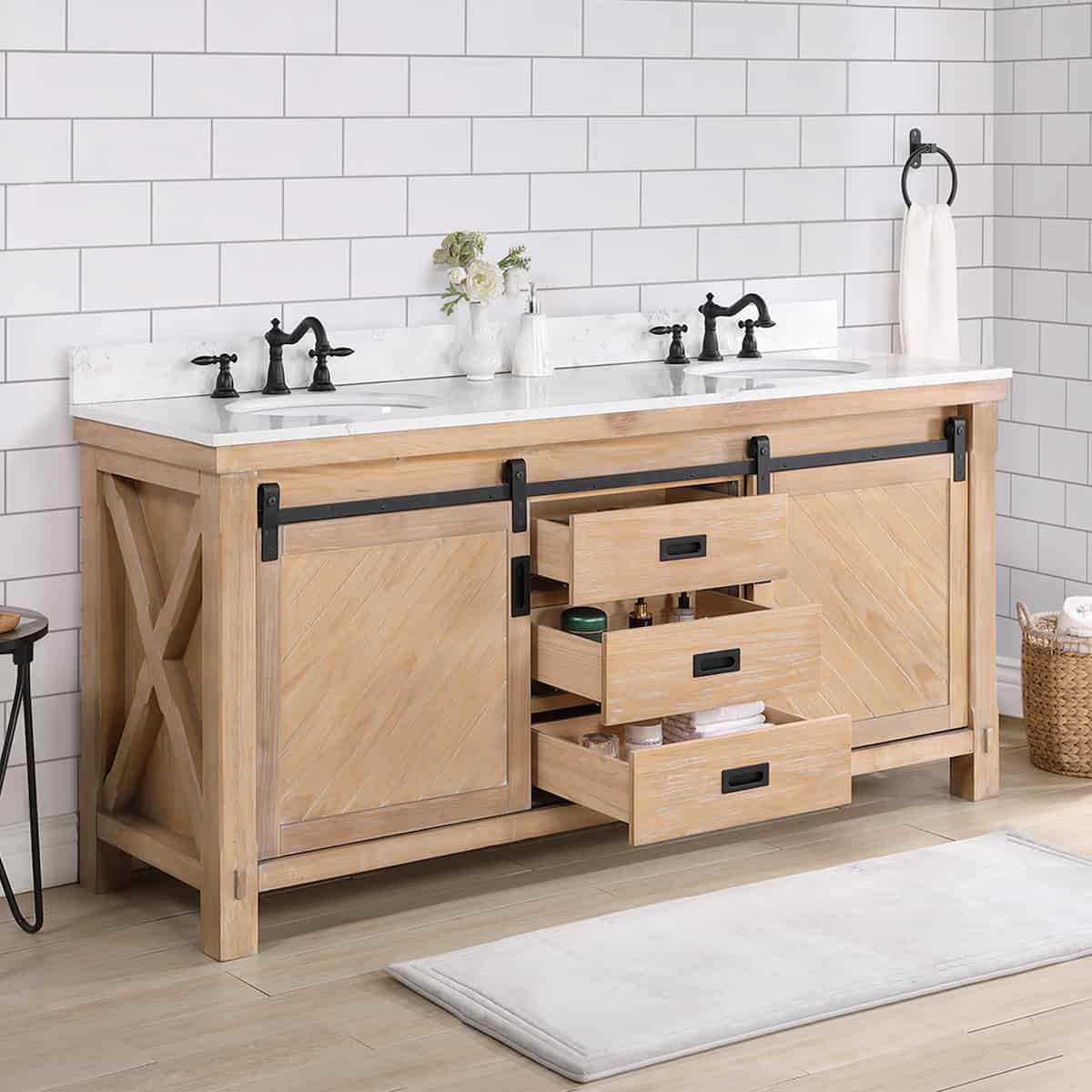 Vinnova Cortes 72 Inch Freestanding Double Sink Bath Vanity in Weathered Pine with White Composite Countertop Without Mirror Drawers 701772-WP-WS-NM