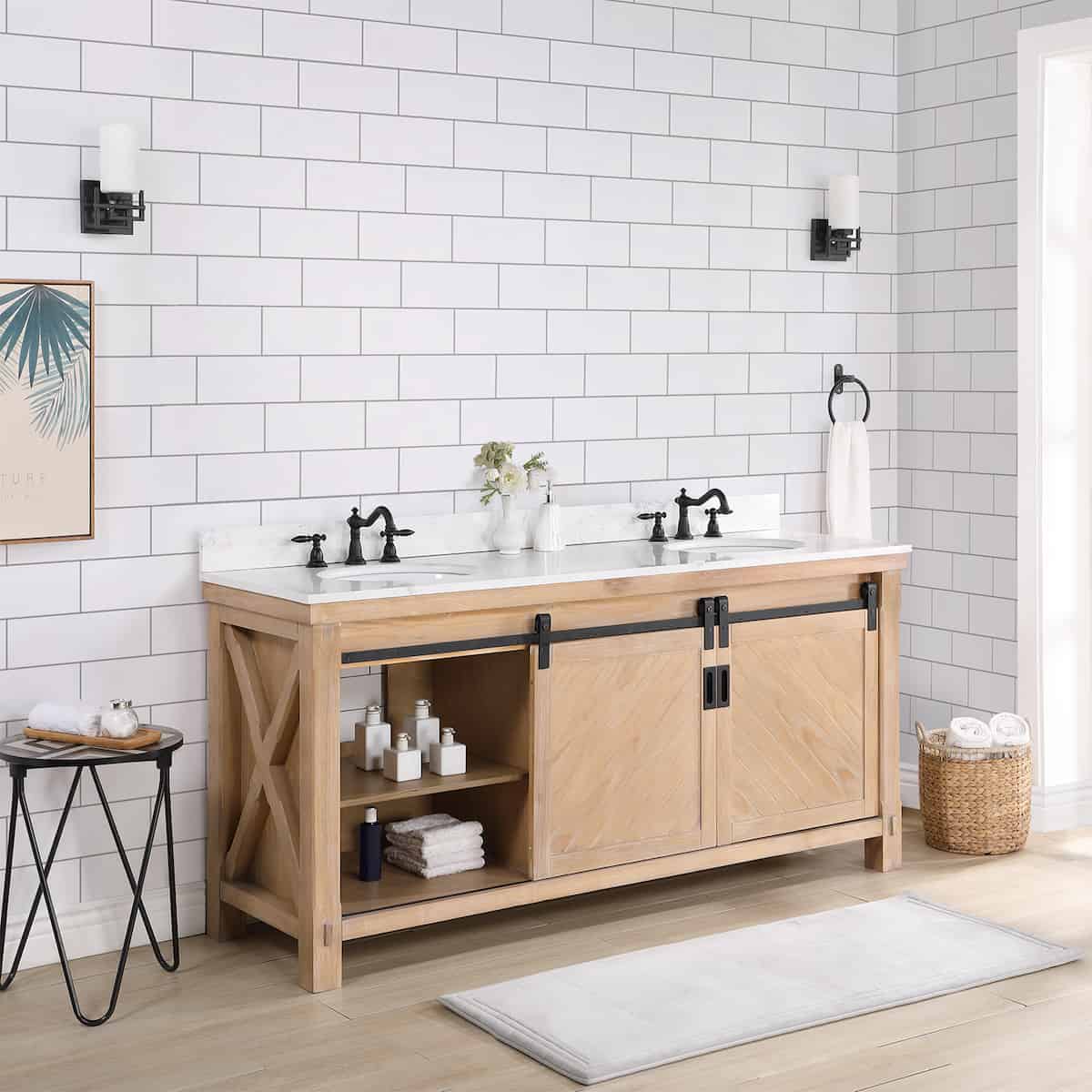Vinnova Cortes 72 Inch Freestanding Double Sink Bath Vanity in Weathered Pine with White Composite Countertop Without Mirror Inside 701772-WP-WS-NM