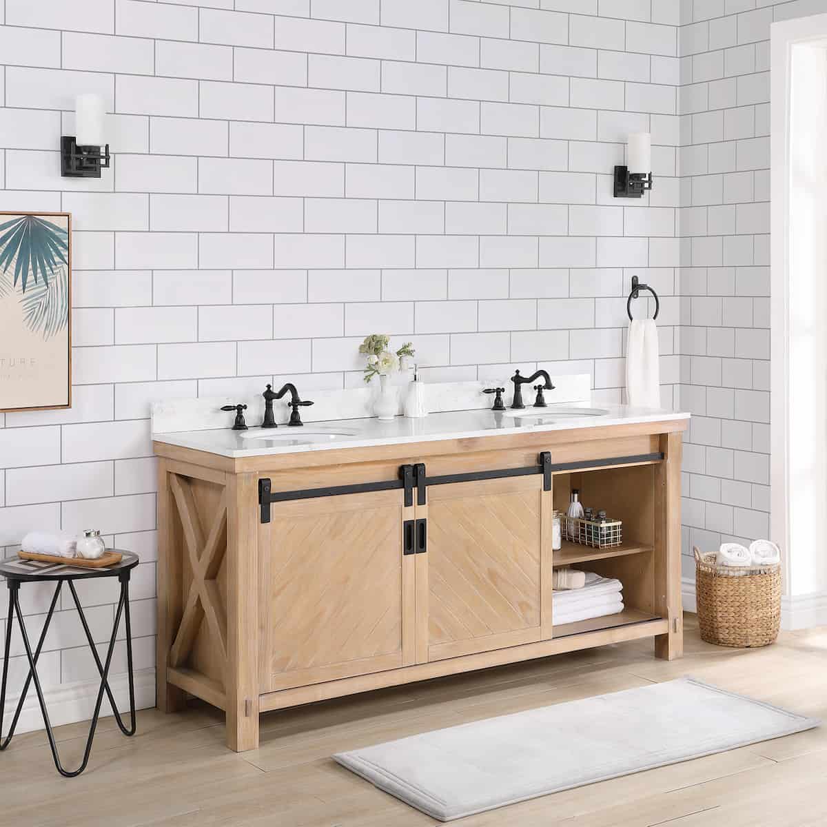 Vinnova Cortes 72 Inch Freestanding Double Sink Bath Vanity in Weathered Pine with White Composite Countertop Without Mirror Door 701772-WP-WS-NM