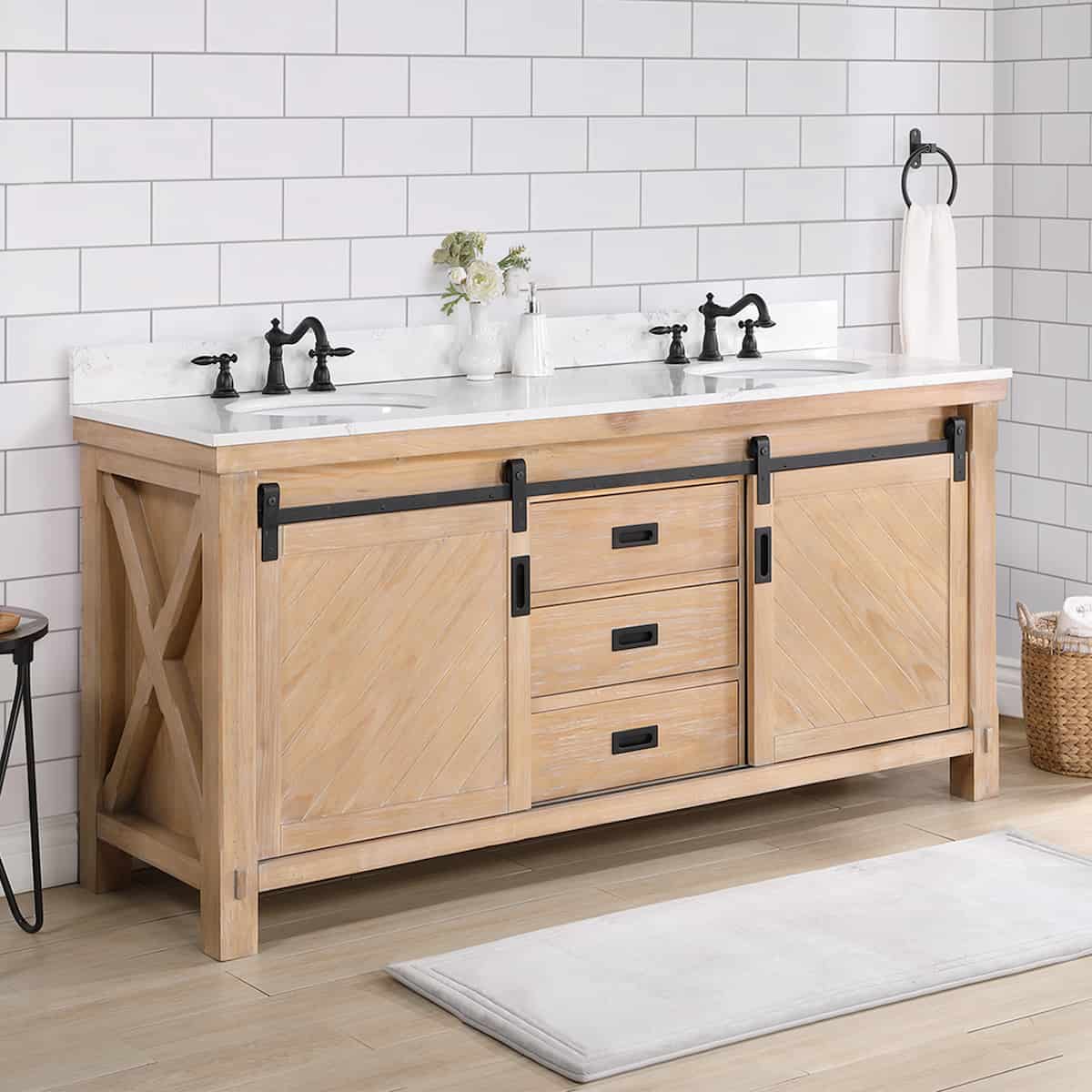 Vinnova Cortes 72 Inch Freestanding Double Sink Bath Vanity in Weathered Pine with White Composite Countertop Without Mirror Side 701772-WP-WS-NM