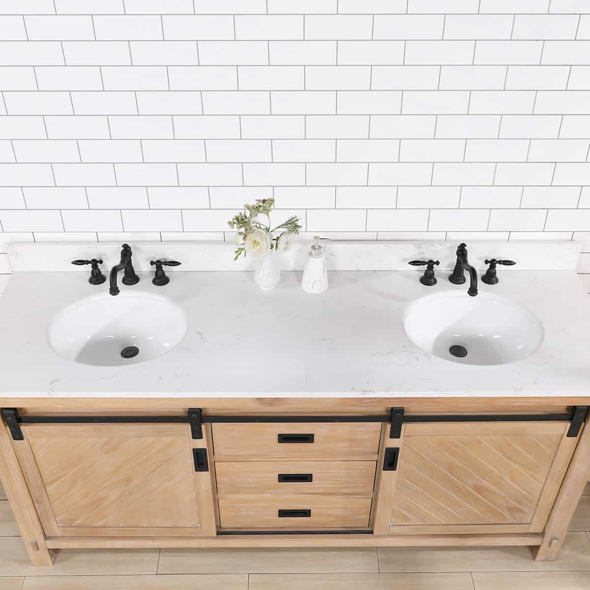 Vinnova Cortes 72 Inch Freestanding Double Sink Bath Vanity in Weathered Pine with White Composite Countertop Without Mirror Sinks 701772-WP-WS-NM