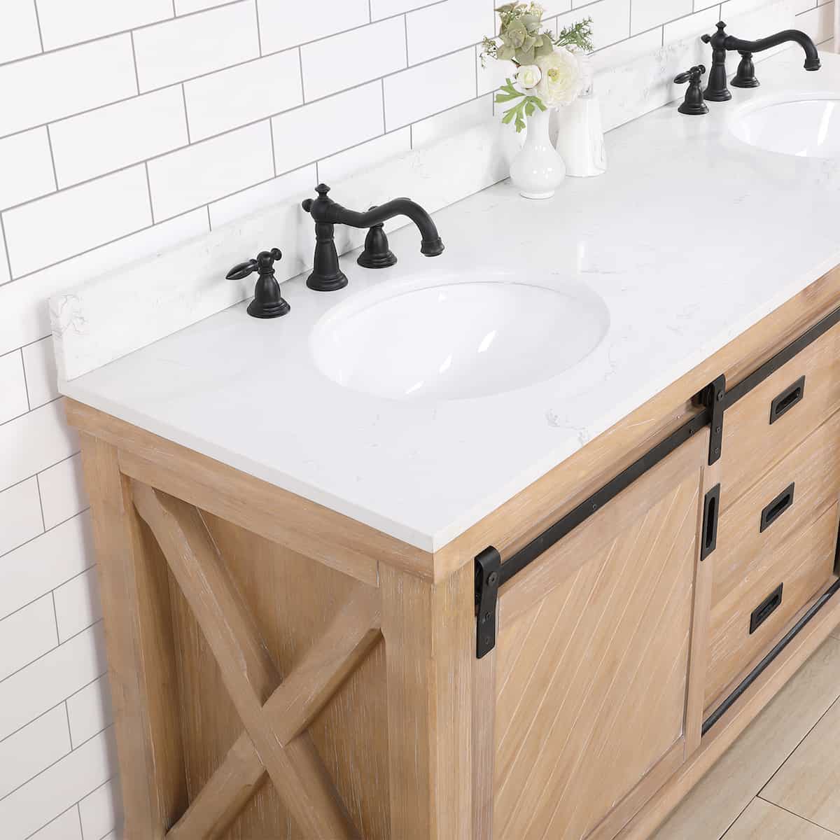Vinnova Cortes 72 Inch Freestanding Double Sink Bath Vanity in Weathered Pine with White Composite Countertop Without Mirror Counter Top 701772-WP-WS-NM