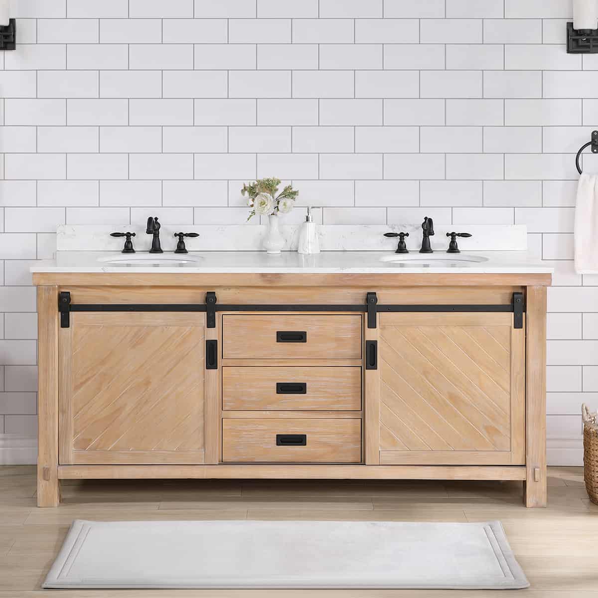 Vinnova Cortes 72 Inch Freestanding Double Sink Bath Vanity in Weathered Pine with White Composite Countertop Without Mirror in Bathroom 701772-WP-WS-NM