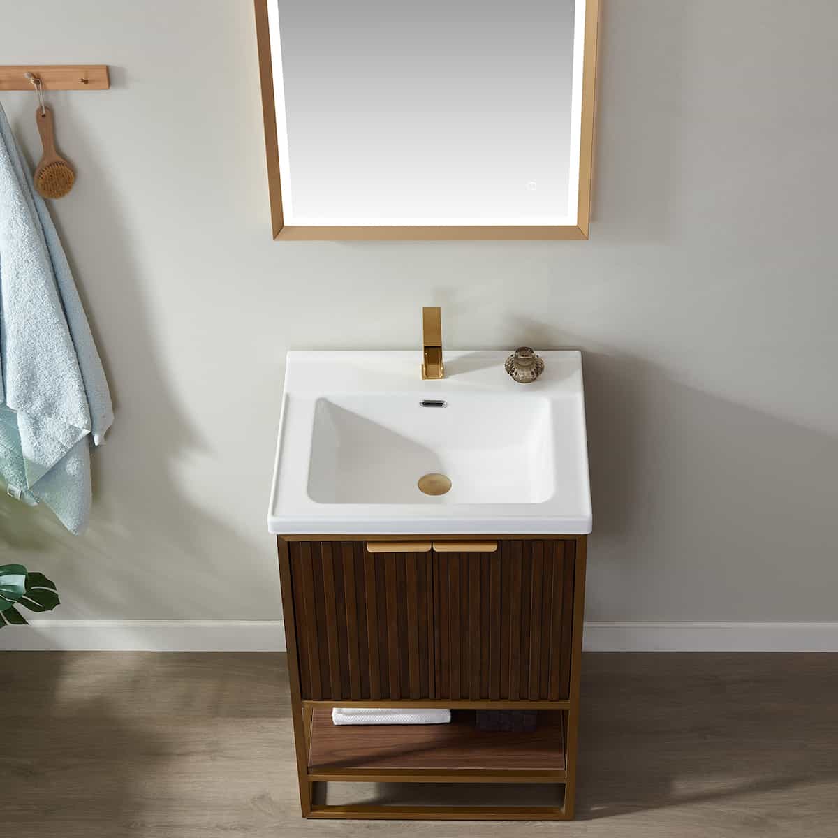 Vinnova Donostia 24 Inch Freestanding Single Vanity in Walnut with Ceramic Under-Mount Sink With Mirror Counter 737024-NLW-WH #mirror_with mirror