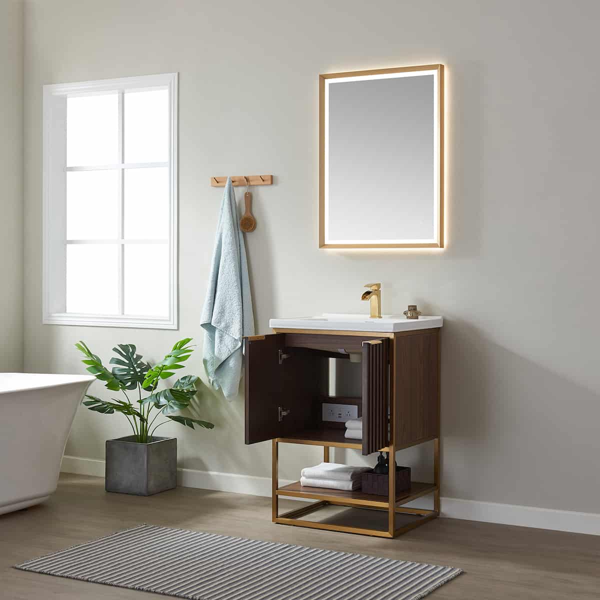 Vinnova Donostia 24 Inch Freestanding Single Vanity in Walnut with Ceramic Under-Mount Sink With Mirror Inside 737024-NLW-WH #mirror_with mirror