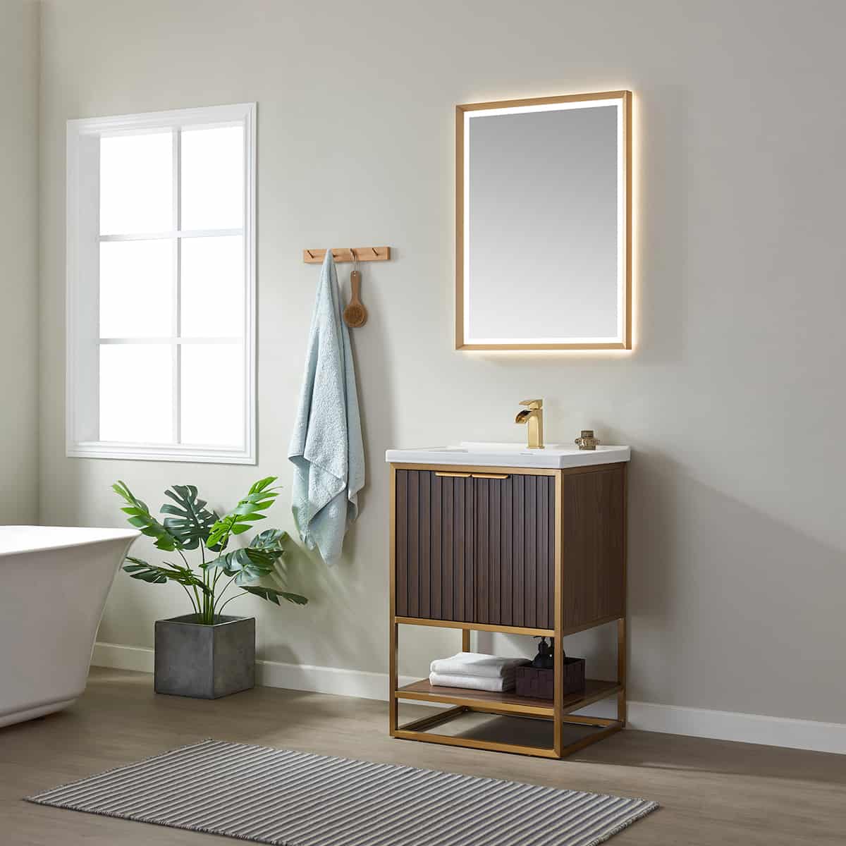 Vinnova Donostia 24 Inch Freestanding Single Vanity in Walnut with Ceramic Under-Mount Sink With Mirror Side 737024-NLW-WH #mirror_with mirror
