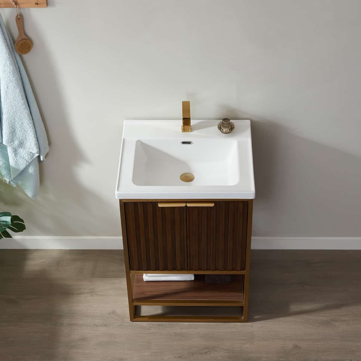 Vinnova Donostia 24" Freestanding Single Vanity in Walnut with Ceramic Under-Mount Sink Without Mirror Counter 737024-NLW-WH-NM #mirror_without mirror