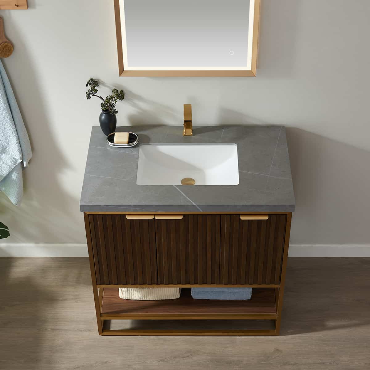Vinnova Donostia 36 Inch Freestanding Single Vanity in Walnut with Grey Composite Armani Limestone Board Stone Countertop With Mirror Counter 737036-NLW-ALB