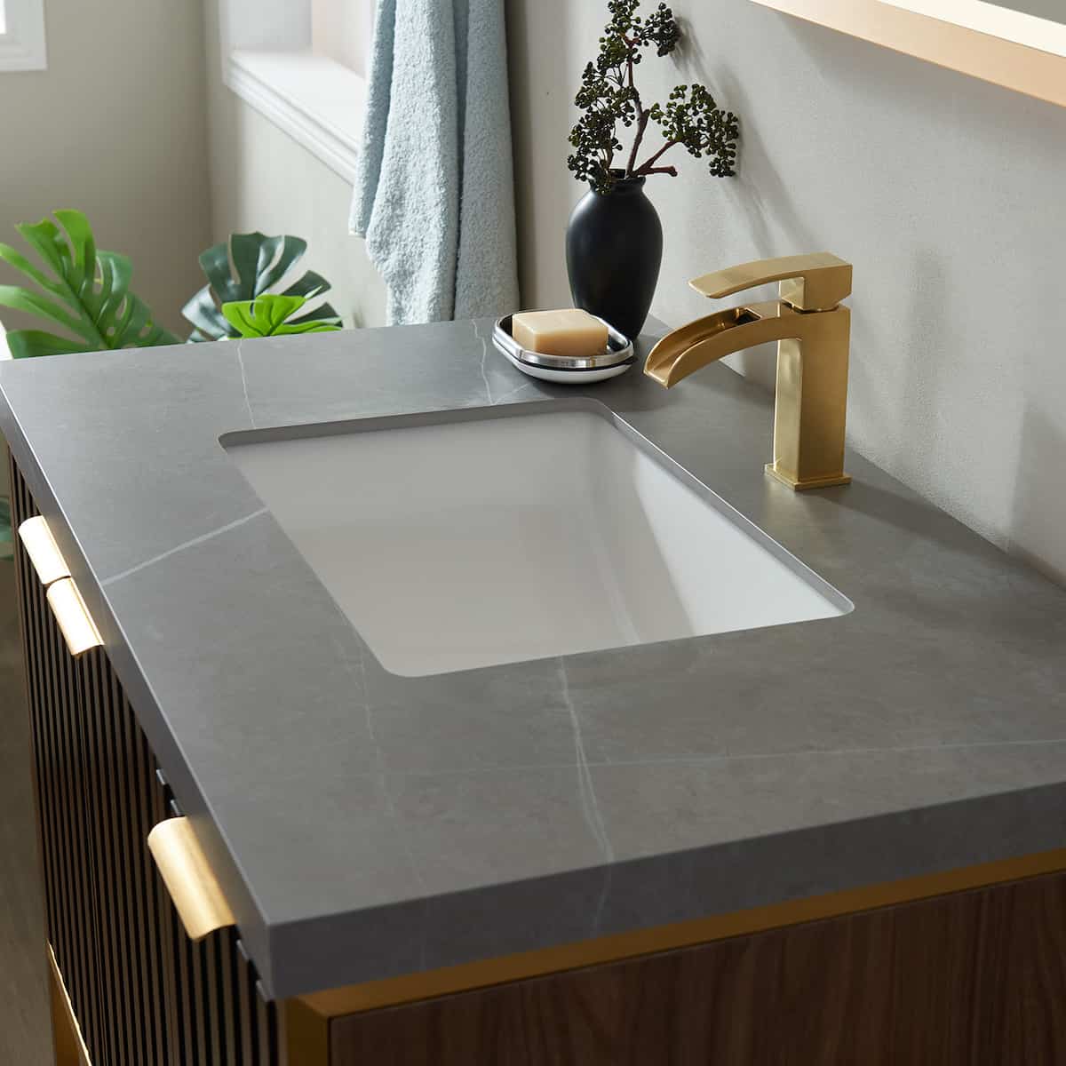 Vinnova Donostia 36 Inch Freestanding Single Vanity in Walnut with Grey Composite Armani Limestone Board Stone Countertop With Mirror Sink 737036-NLW-ALB
