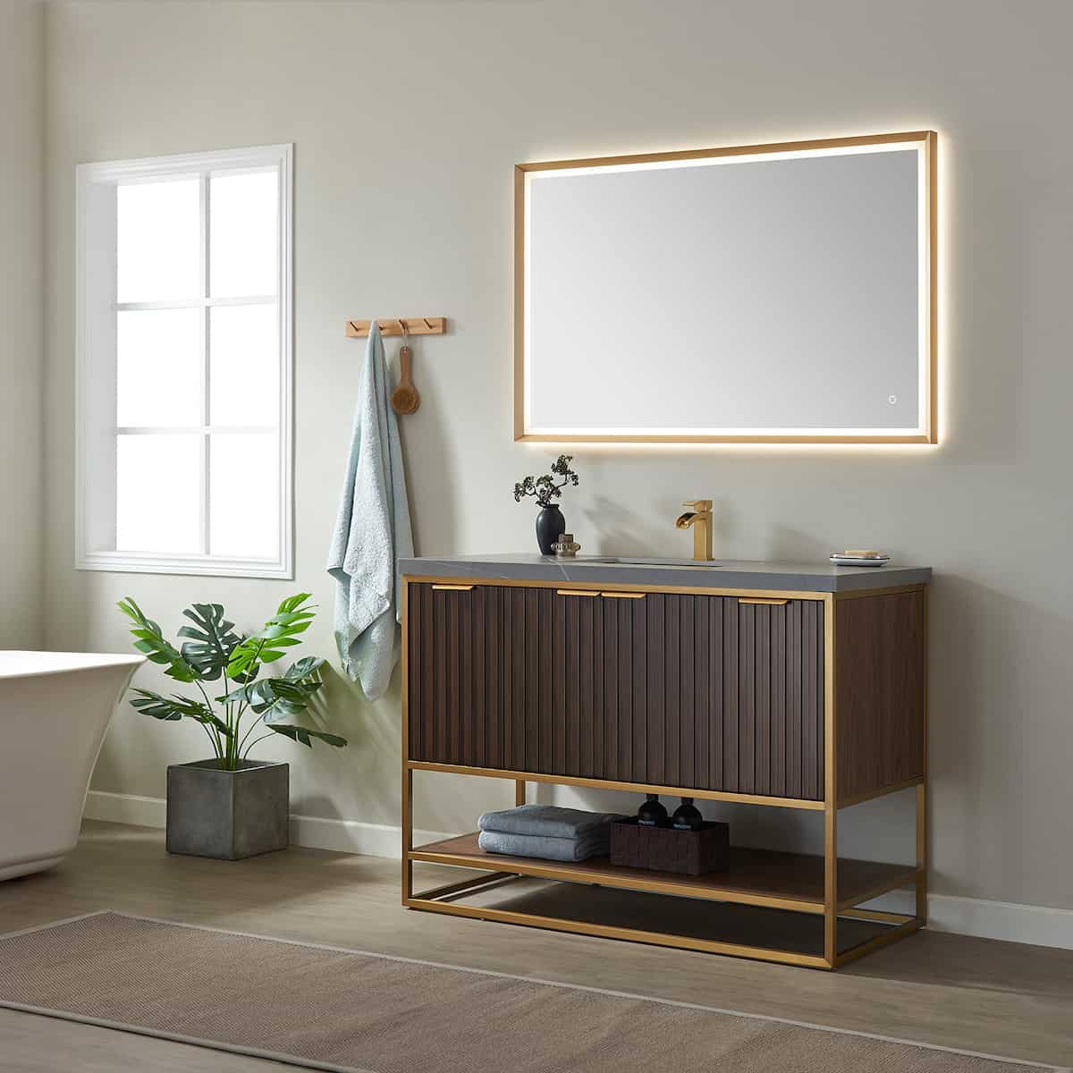 Vinnova Donostia 48 Inch Freestanding Single Vanity in Walnut with Grey Composite Armani Limestone Board Stone Countertop With Mirror Side 737048-NLW-ALB
