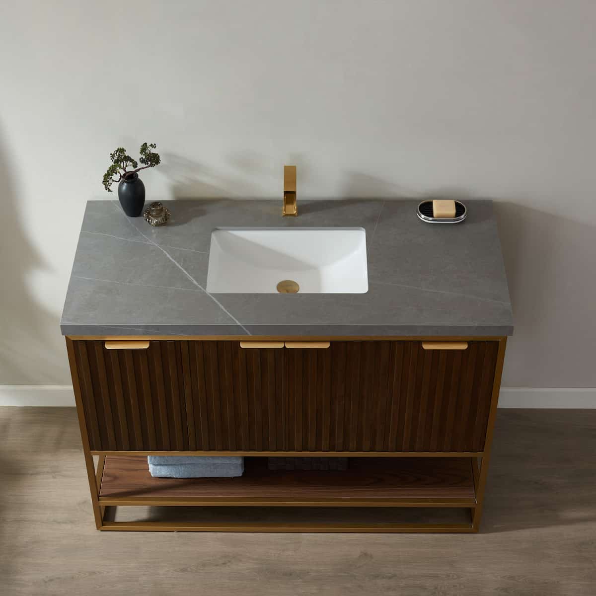 Vinnova Donostia 48 Inch Freestanding Single Vanity in Walnut with Grey Composite Armani Limestone Board Stone Countertop Without Mirror Counter 737048-NLW-ALB-NM