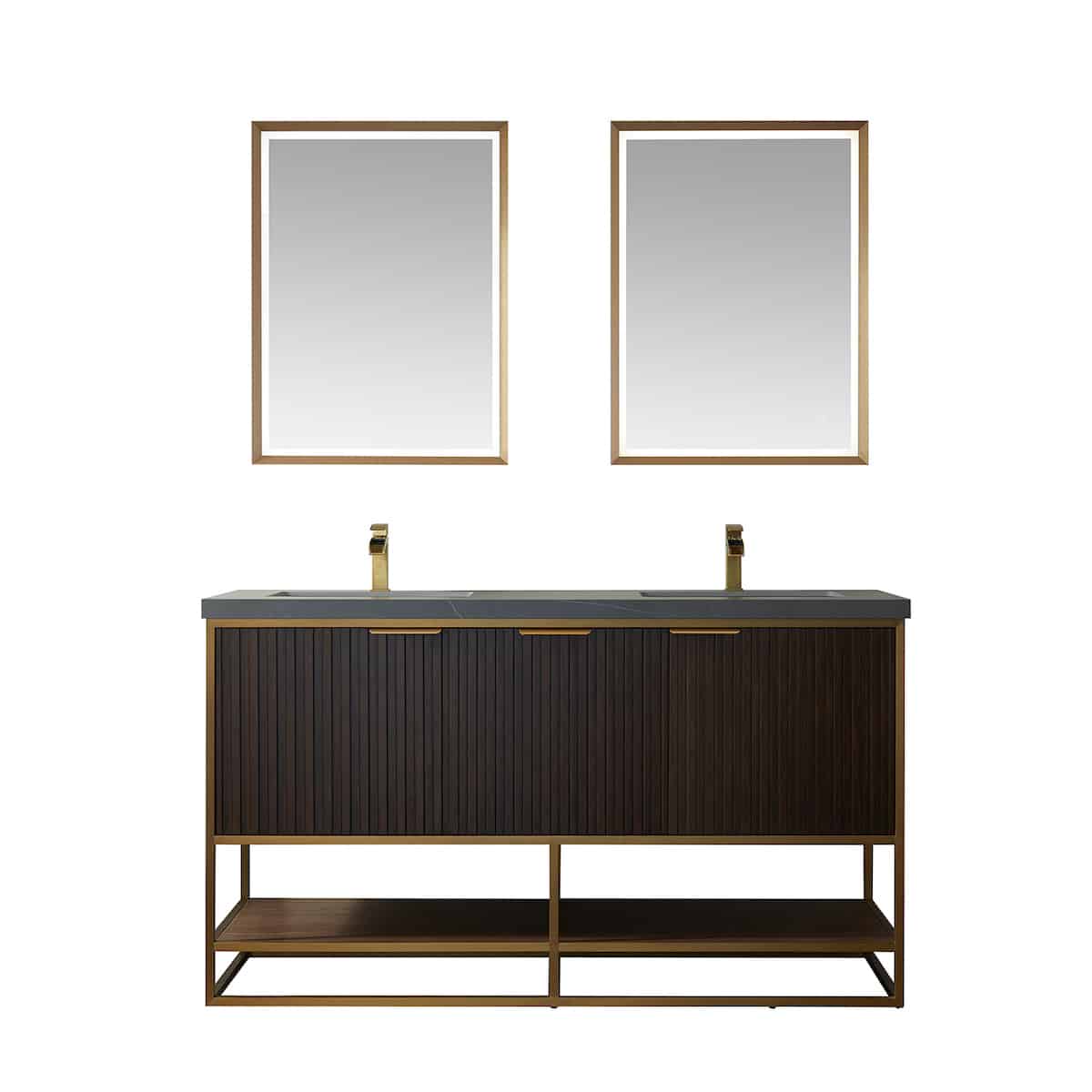 Vinnova Donostia 60 Inch Freestanding Double Vanity in Walnut with Grey Composite Armani Limestone Board Stone Countertop With Mirrors 737060-NLW-ALB
