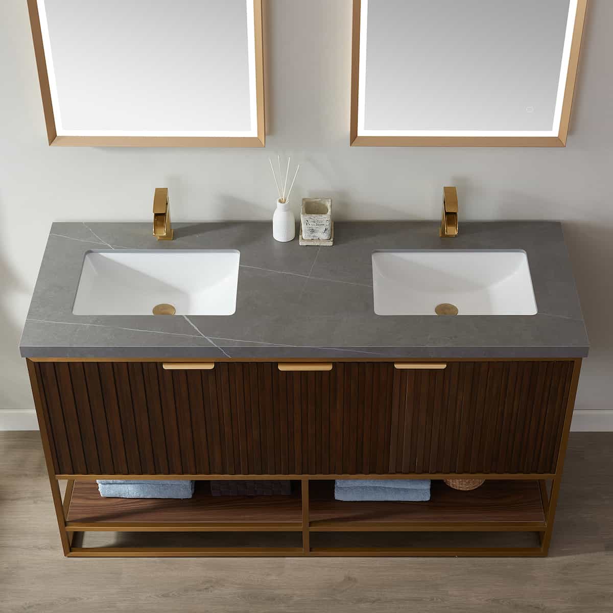 Vinnova Donostia 60 Inch Freestanding Double Vanity in Walnut with Grey Composite Armani Limestone Board Stone Countertop With Mirrors Counter 737060-NLW-ALB