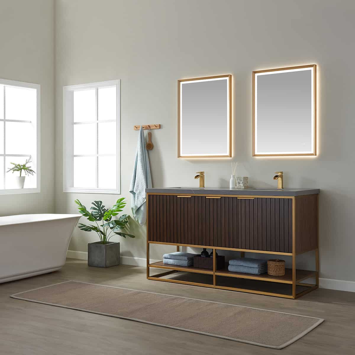 Vinnova Donostia 60 Inch Freestanding Double Vanity in Walnut with Grey Composite Armani Limestone Board Stone Countertop With Mirrors Side 737060-NLW-ALB