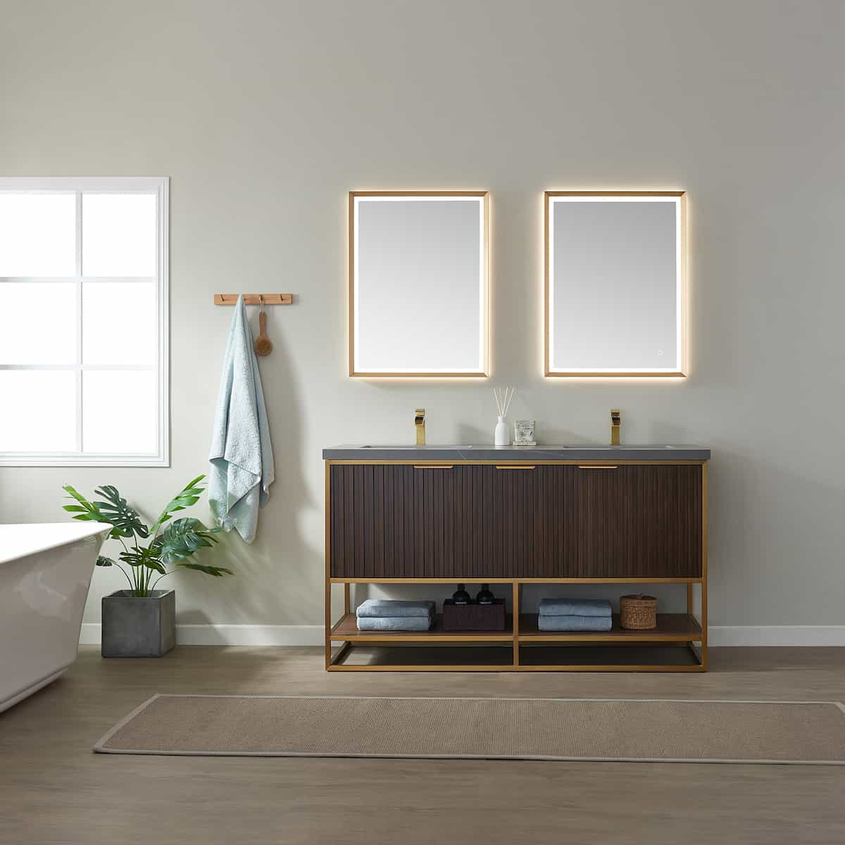 Vinnova Donostia 60 Inch Freestanding Double Vanity in Walnut with Grey Composite Armani Limestone Board Stone Countertop With Mirrors in Bathroom 737060-NLW-ALB