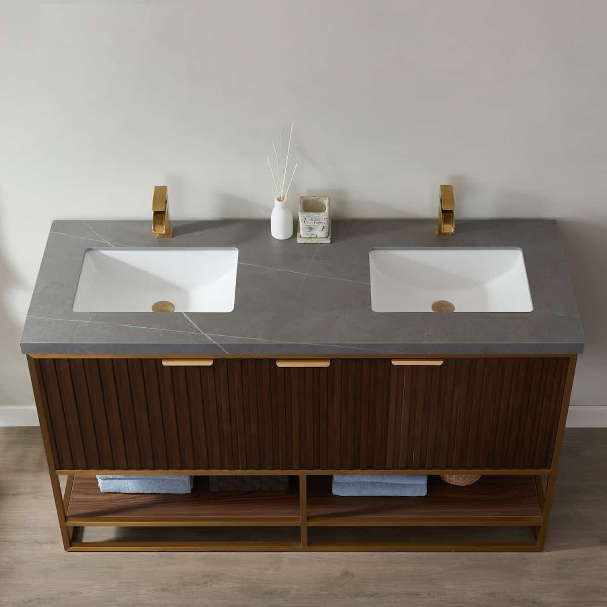 Vinnova Donostia 60 Inch Freestanding Double Vanity in Walnut with Grey Composite Armani Limestone Board Stone Countertop Without Mirror Counter 737060-NLW-ALB-NM